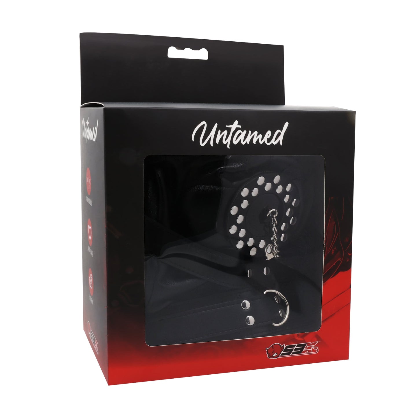UNTAMED BLACK FAUX LEATHER METAL STUDDED BLINDFOLD HOOD