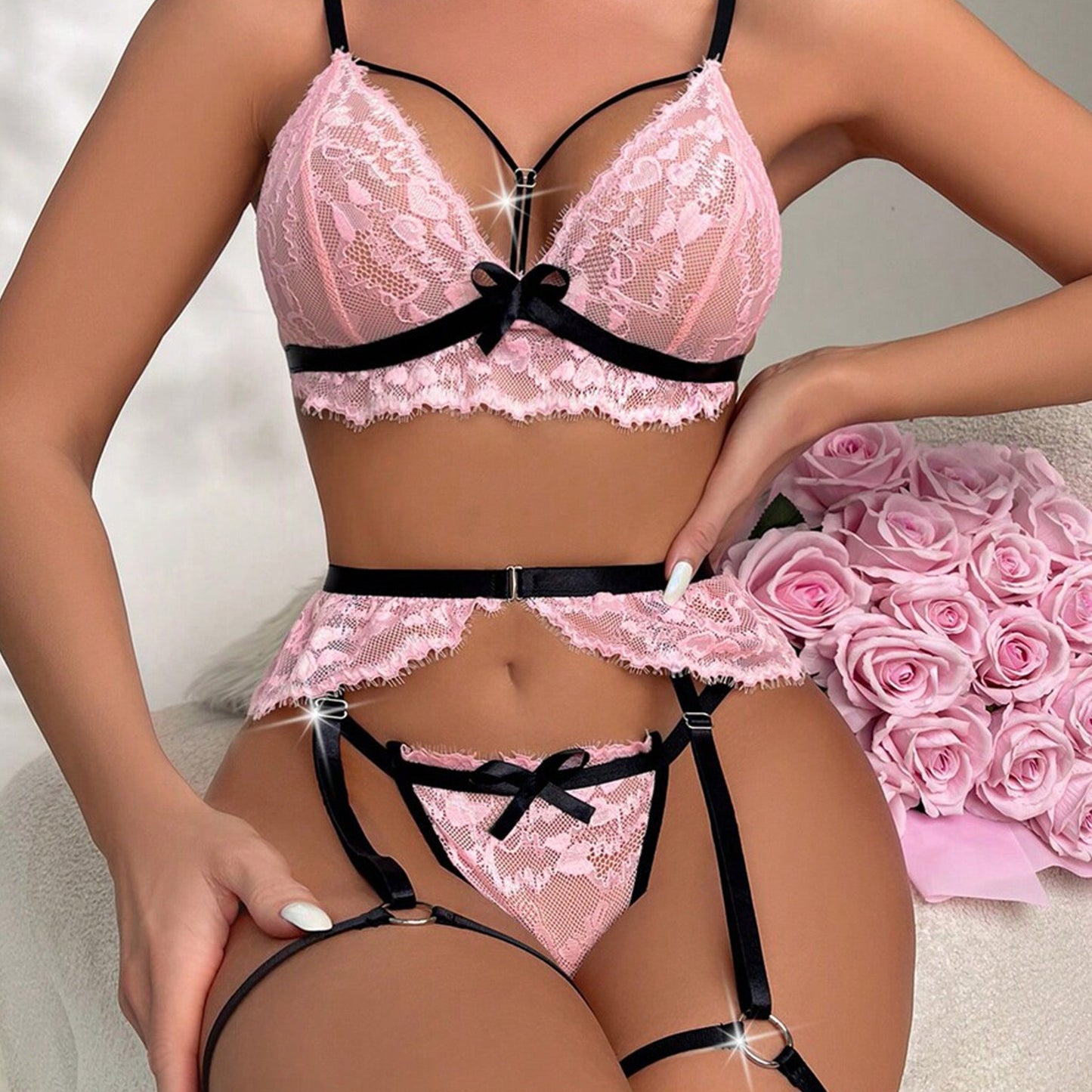 SI BRA & PANTY LACE GARTER SET PINK